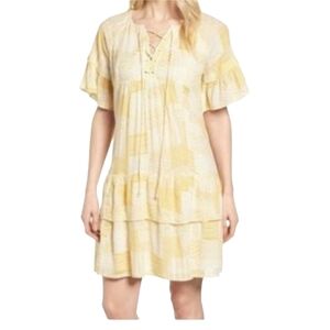 Caslon Yellow Lace Up Tiered Dress Size Medium